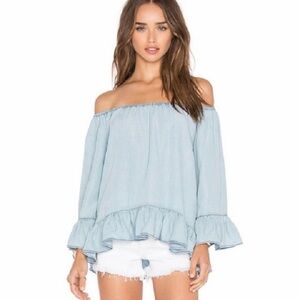 SANCTUARY Women’s Julia Off-the-Shoulder Chambray Ruffled Blouse Size XS